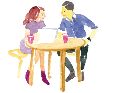 NN Penzijní společnost, NN Životní pojišťovna Skica zaměstnankyně klientského centra sedící u kruhového strolu s klientem.